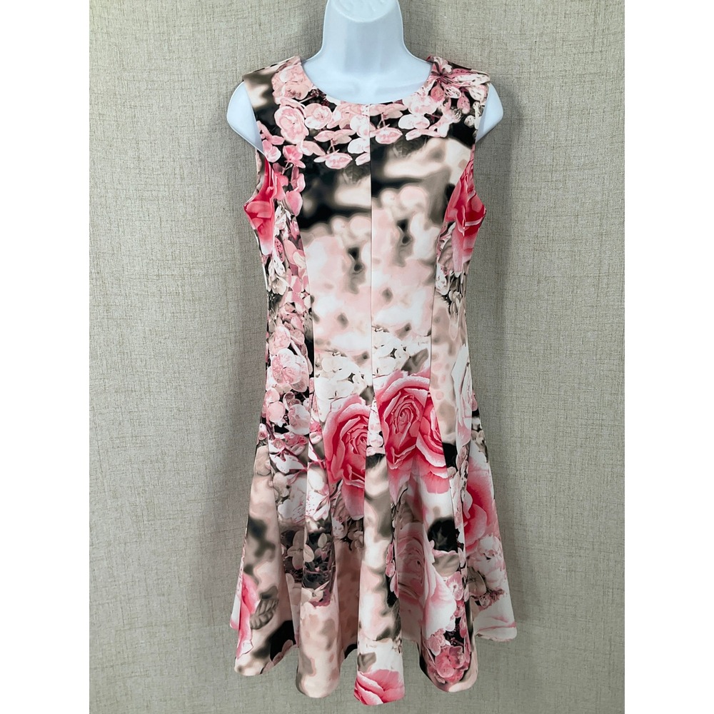 Calvin Klein Dress Womens 6 Pink Floral Scuba Fit Flare Exposed Zip Classic Boho